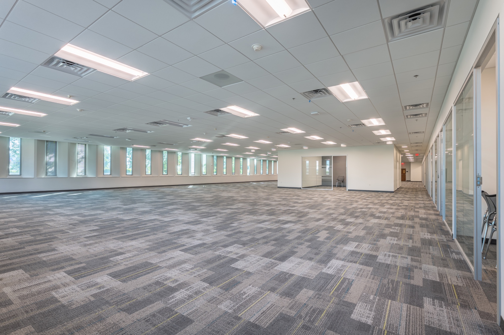 Expansive open office floor with windows and glass-fronted rooms